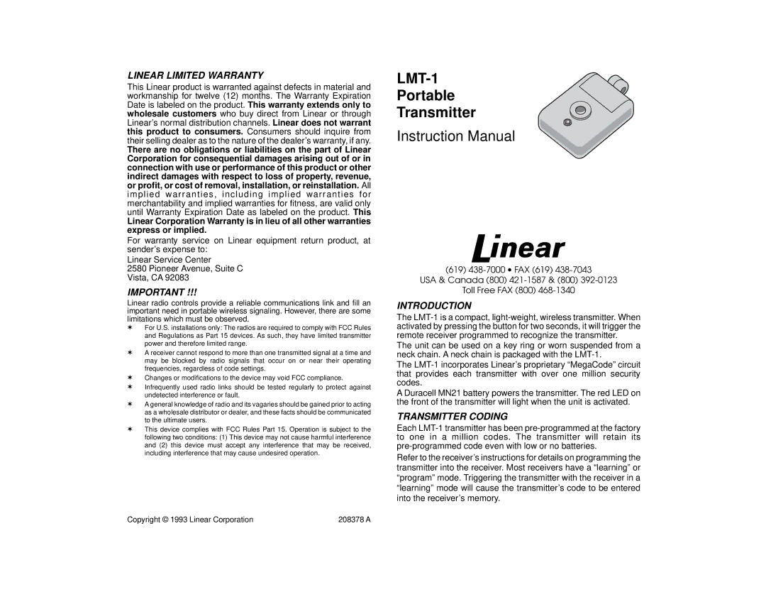 Linear LMT-1 warranty Linear Limited Warranty, Introduction, Transmitter Coding 