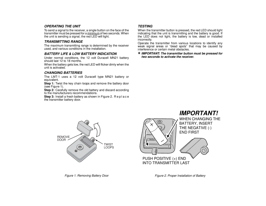 Linear LMT-1 Operating the Unit, Transmitting Range, Battery Life & LOW Battery Indication, Changing Batteries, Testing 