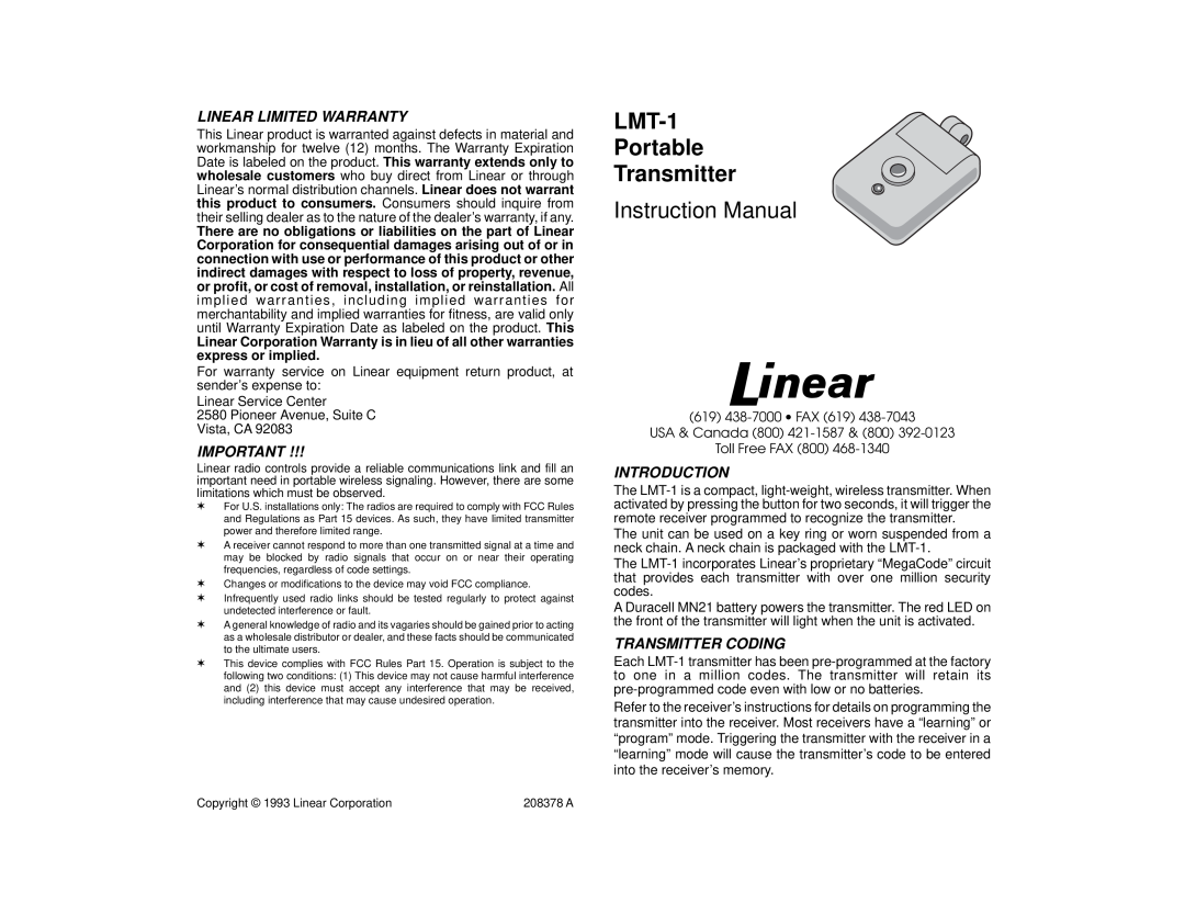 Linear warranty Linear Limited Warranty, Introduction, Transmitter Coding, LMT-1 Portable Transmitter 