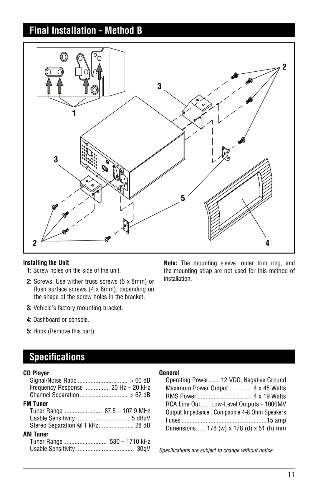 Linear M3300CD installation manual Final Installation Method B, Specifications 