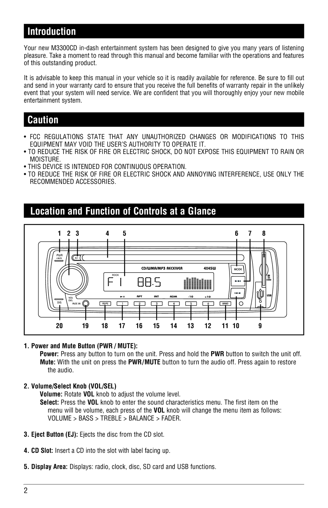 Linear M3300CD Introduction, Location and Function of Controls at a Glance, Power and Mute Button PWR / Mute 