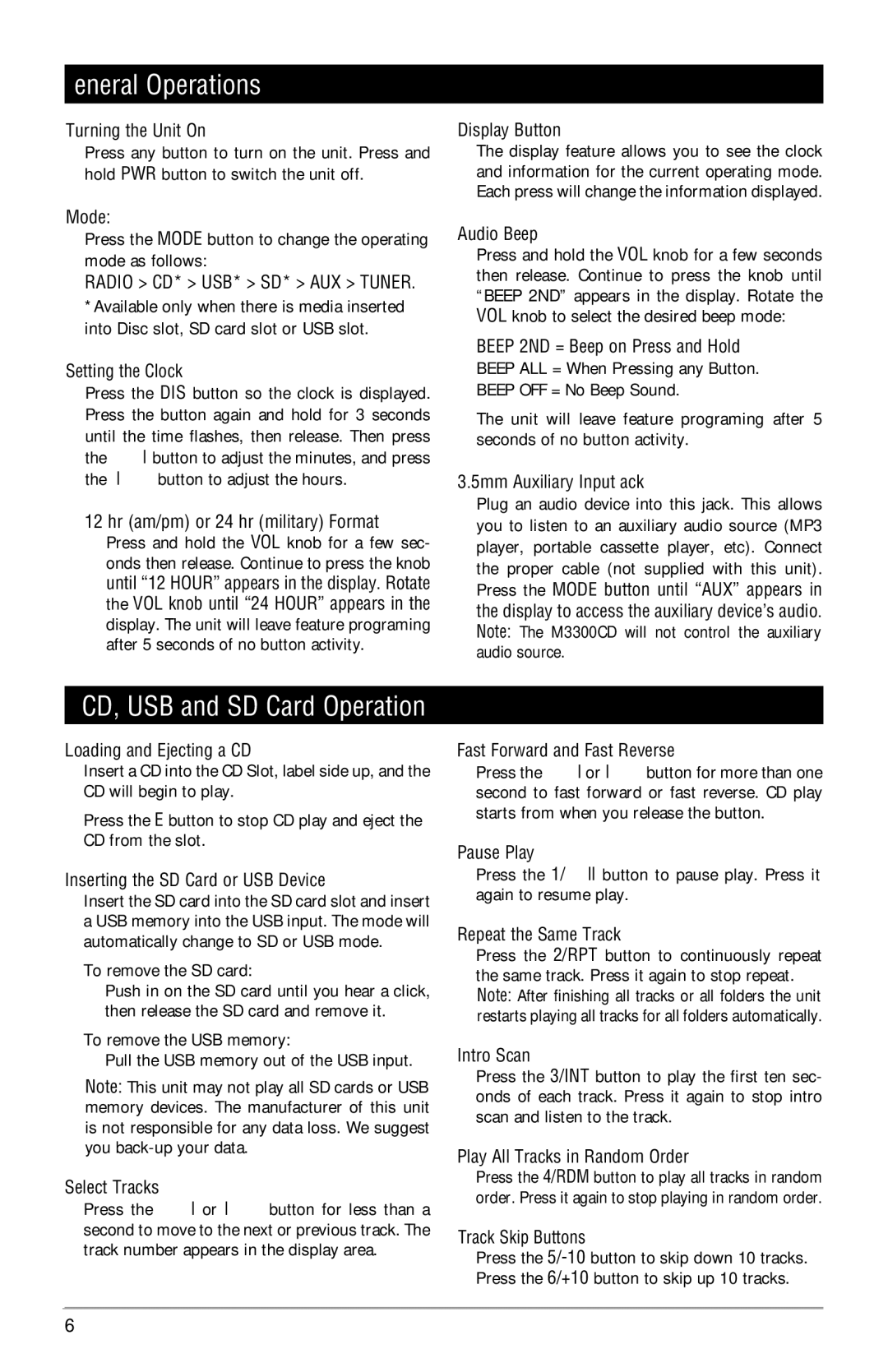 Linear M3300CD installation manual General Operations 