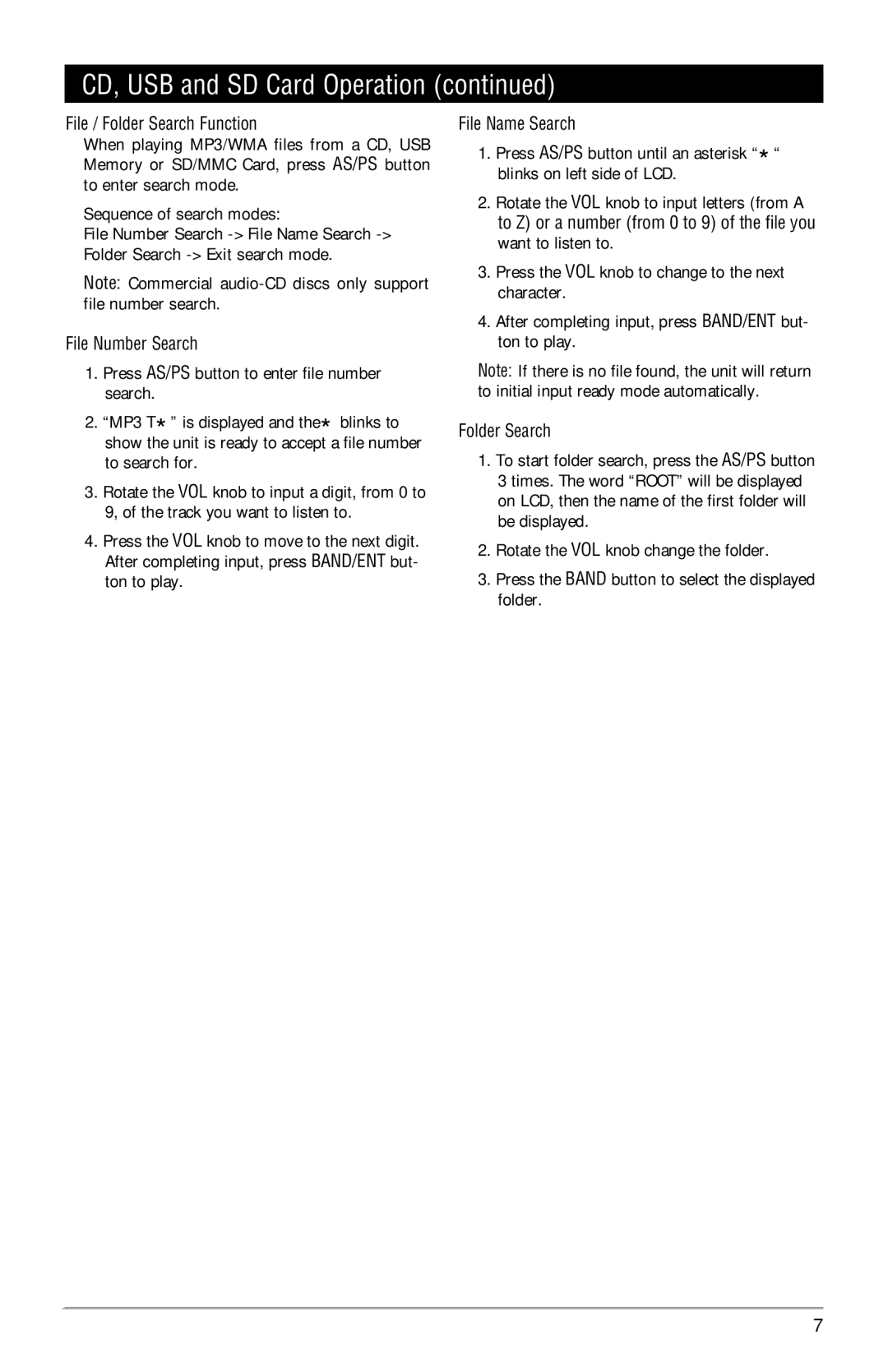 Linear M3300CD CD, USB and SD Card Operation, File / Folder Search Function, File Number Search, File Name Search 