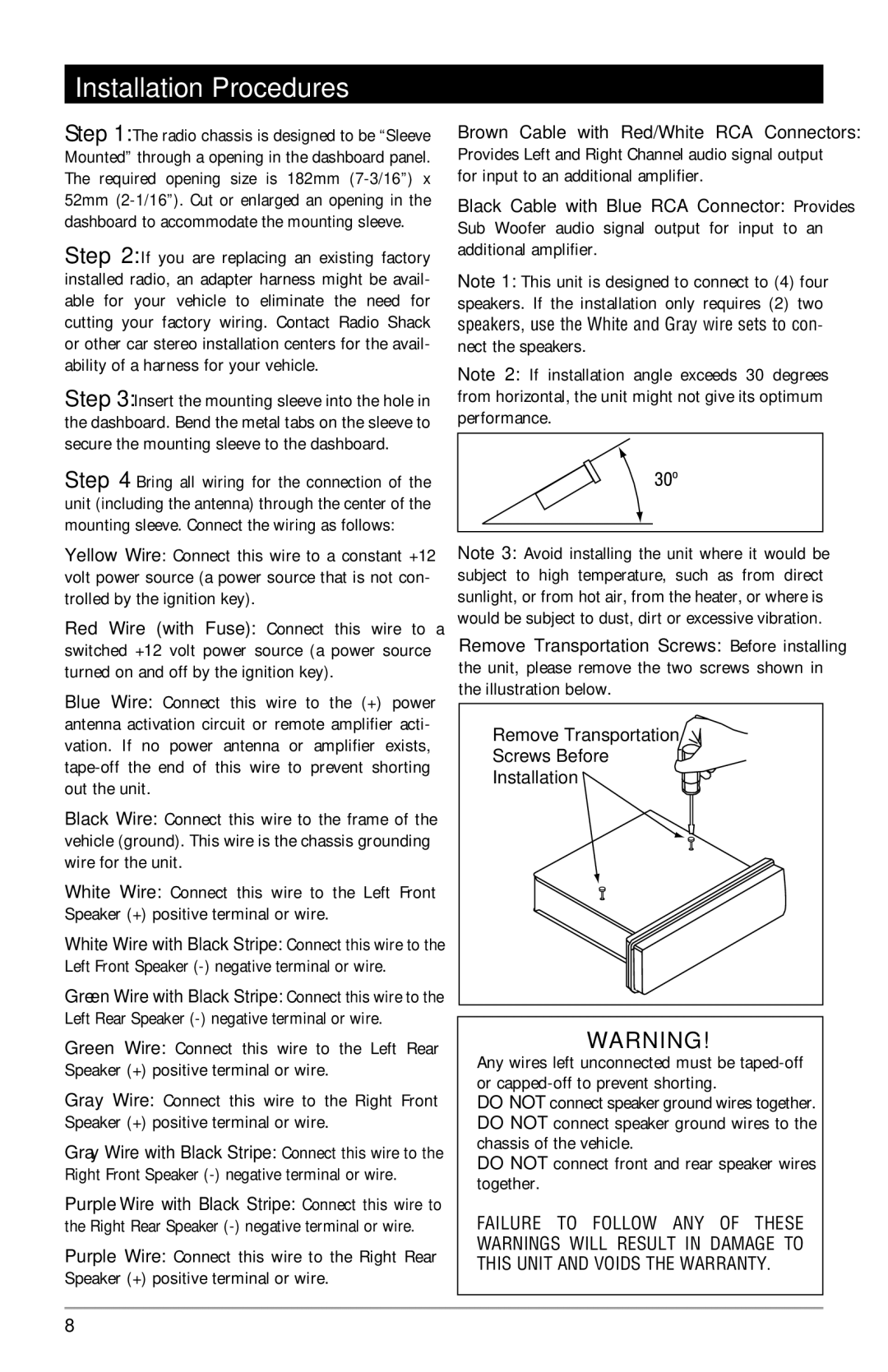 Linear M3300CD installation manual Installation Procedures, DO NOT connect front and rear speaker wires together 