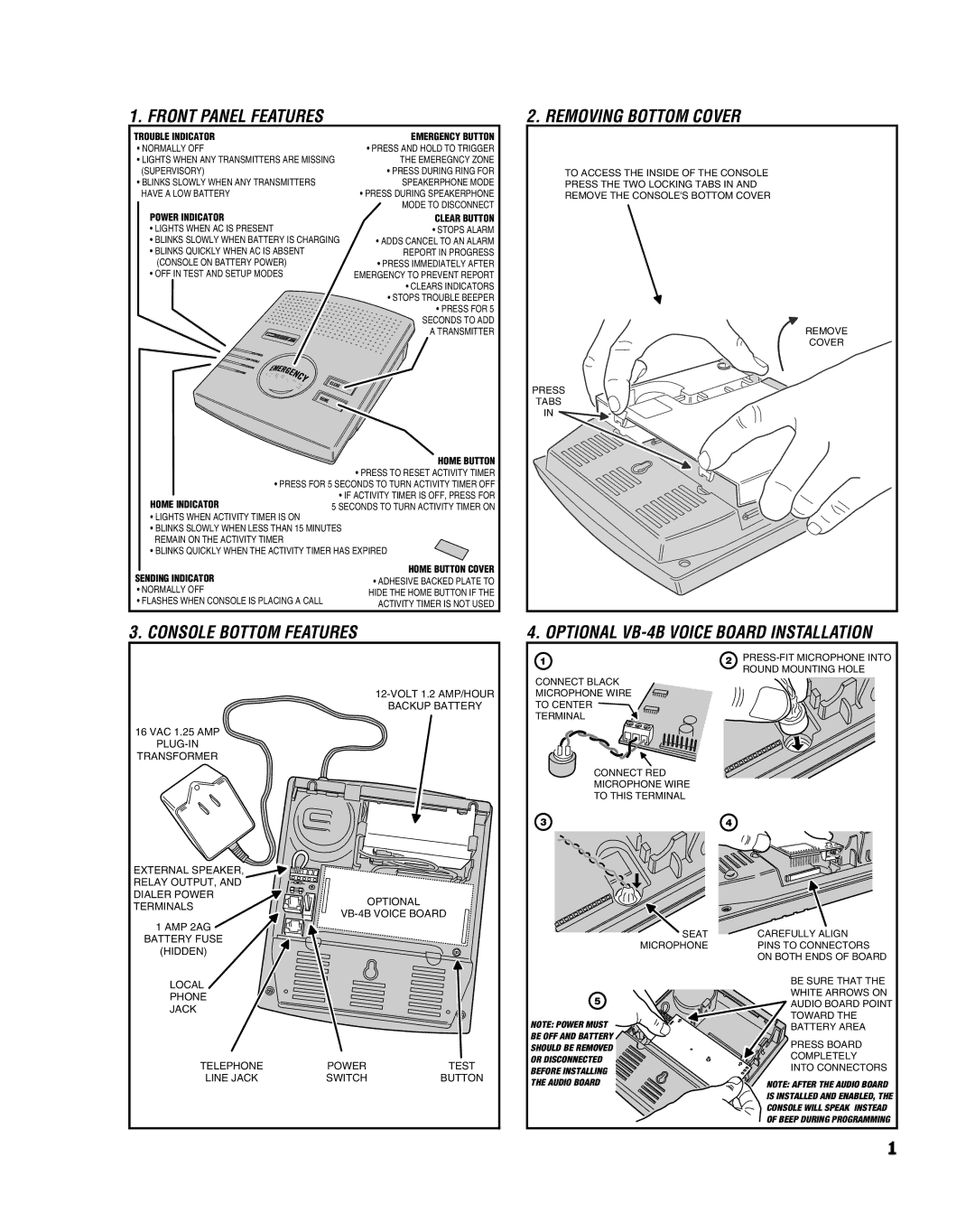 Linear PERS-2400B manual Front Panel Features, Removing Bottom Cover, Console Bottom Features 