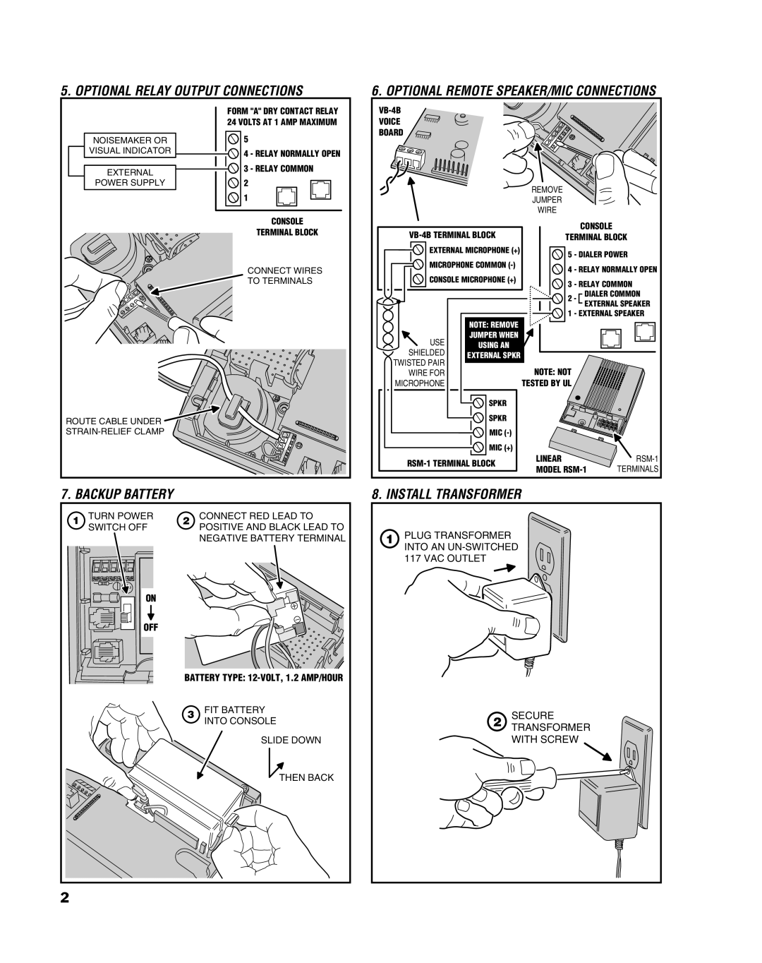 Linear PERS-2400B manual Backup Battery, Install Transformer 