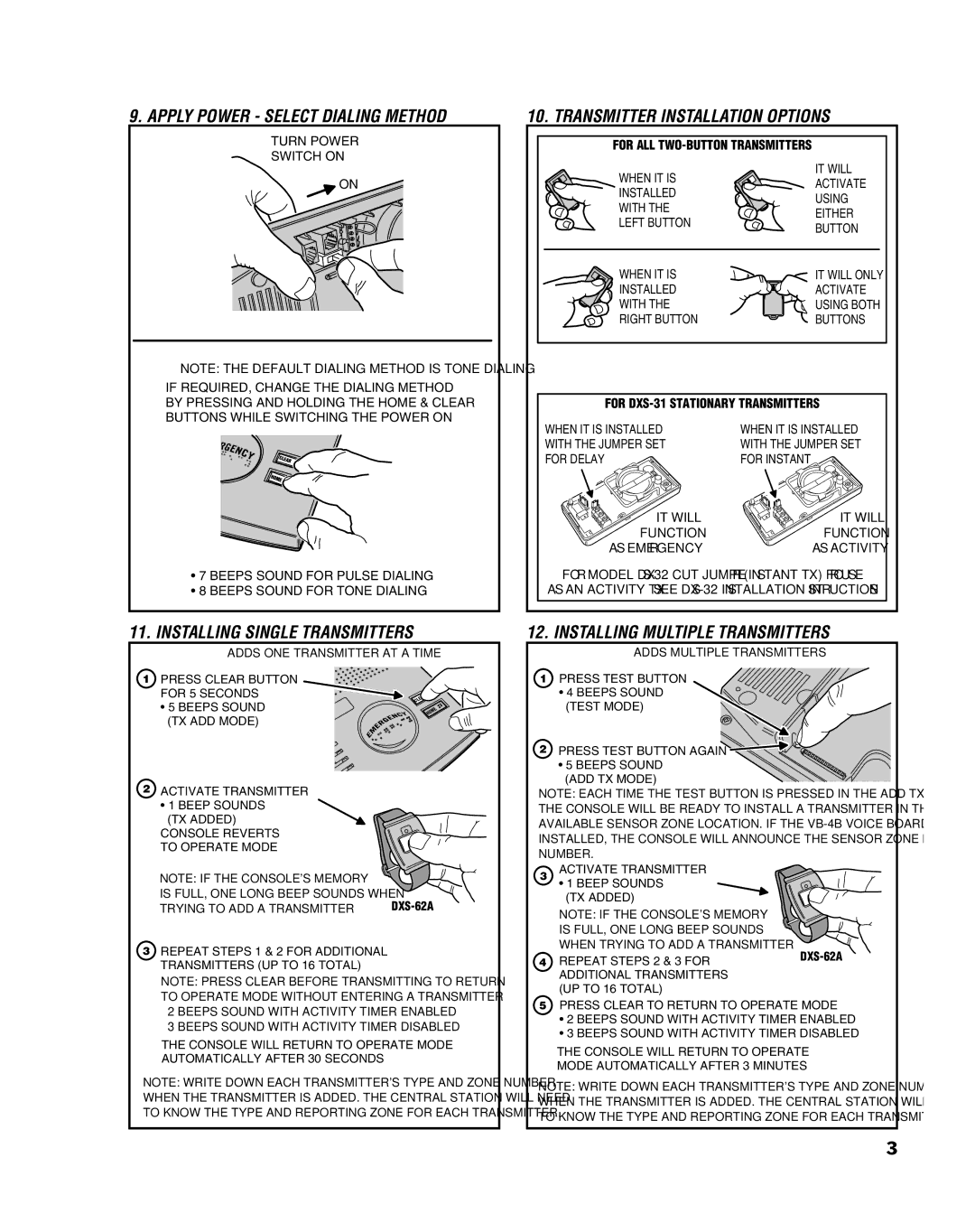 Linear PERS-2400B Apply Power Select Dialing Method, Installing Single Transmitters, Transmitter Installation Options 