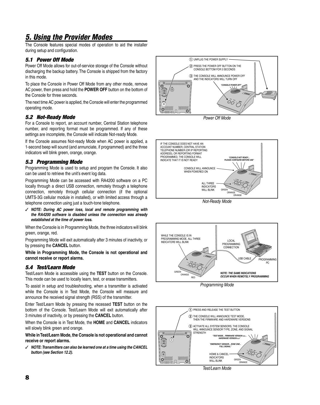 Linear PERS-4200 Series manual Using the Provider Modes, Power Off Mode, Not-Ready Mode, Programming Mode, Test/Learn Mode 