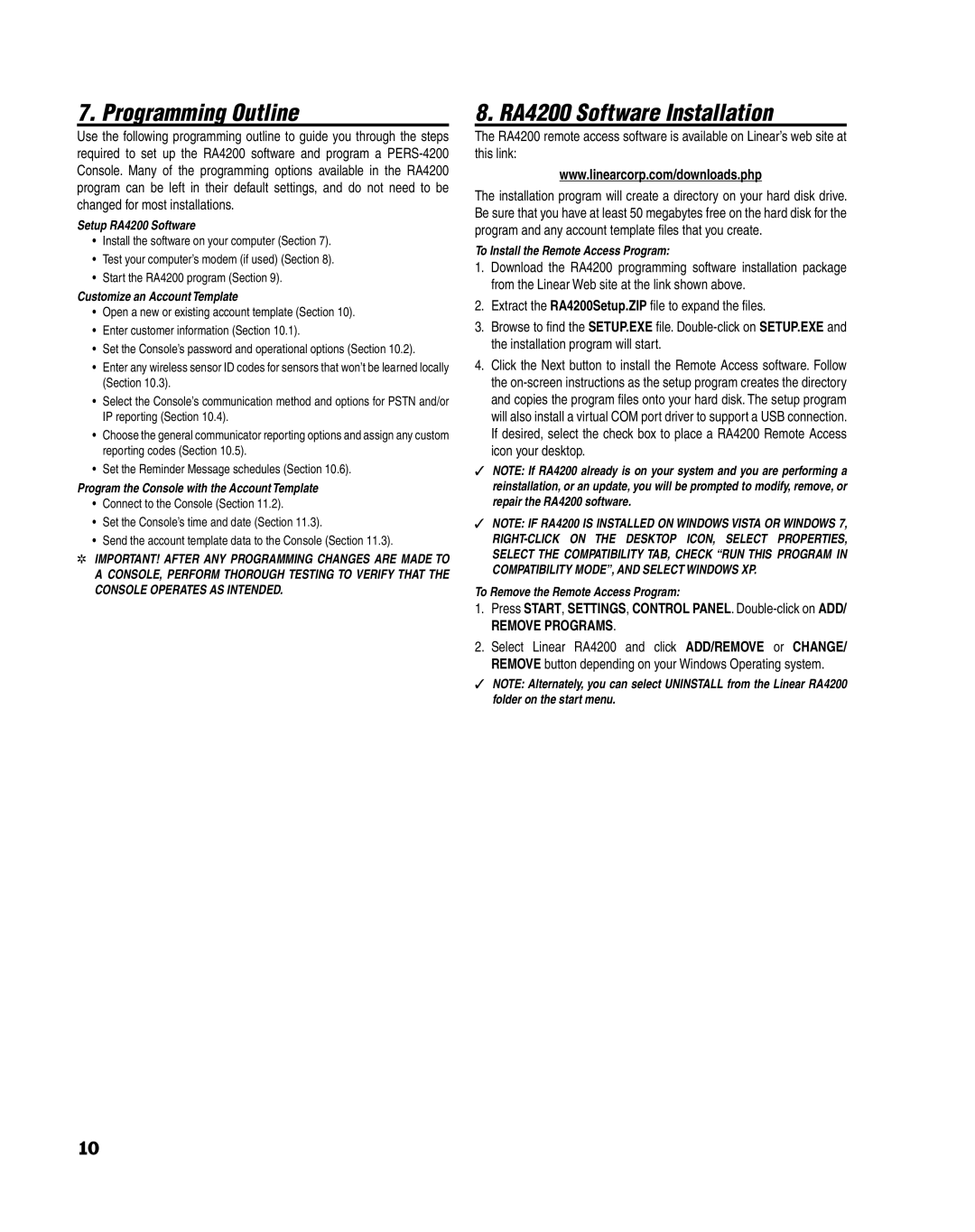 Linear PERS-4200 Series manual Programming Outline, RA4200 Software Installation 