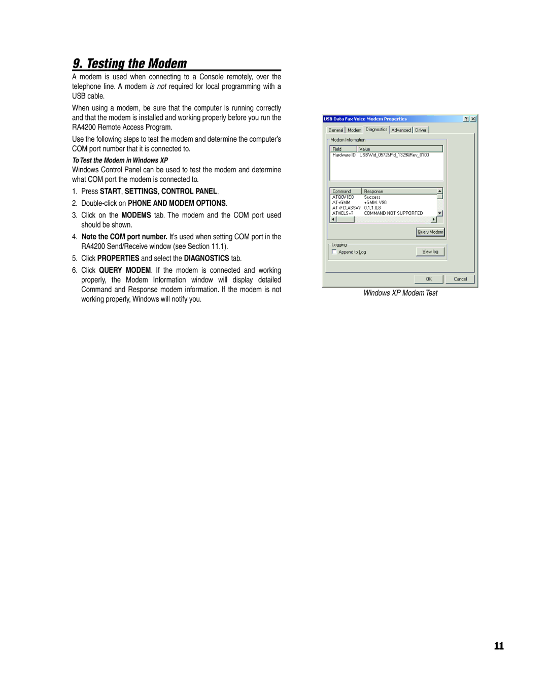 Linear PERS-4200 Series manual Testing the Modem, Command and Response modem information. If the modem is not 