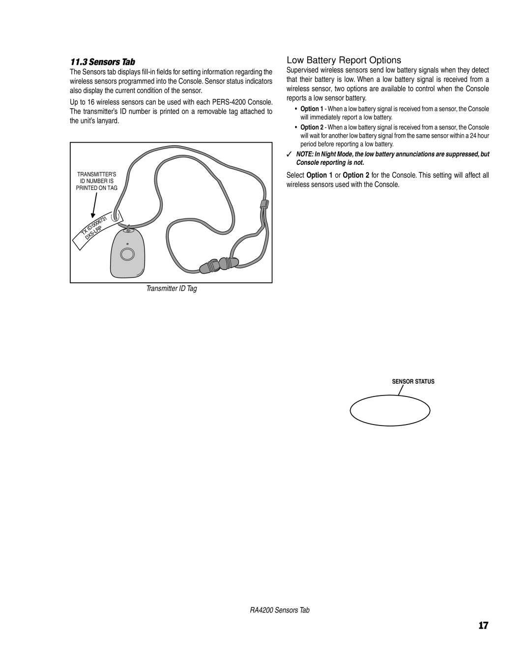 Linear PERS-4200 Series manual Sensors Tab, Low Battery Report Options 