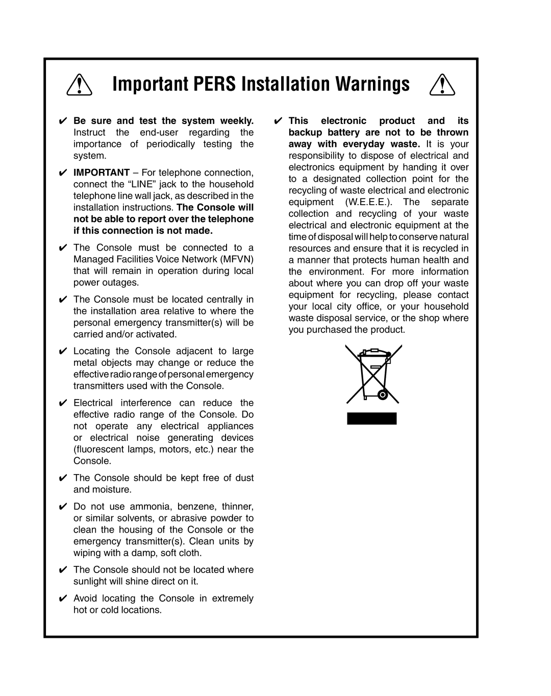 Linear PERS-4200 Series manual Important Pers Installation Warnings 