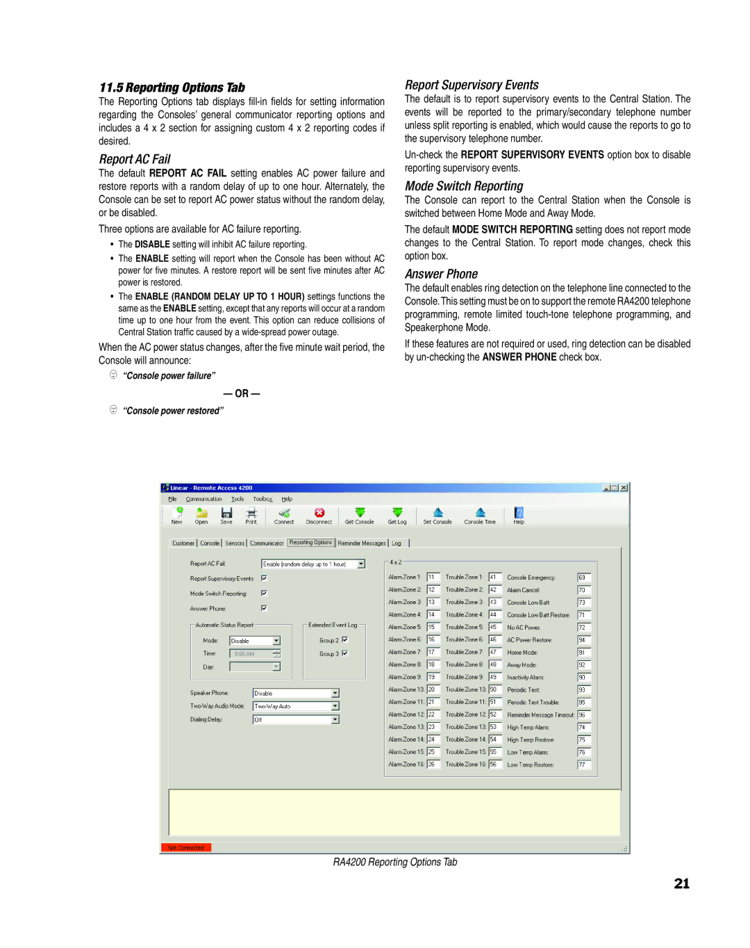 Linear PERS-4200 Series manual Reporting Options Tab, Report AC Fail, Report Supervisory Events, Mode Switch Reporting 