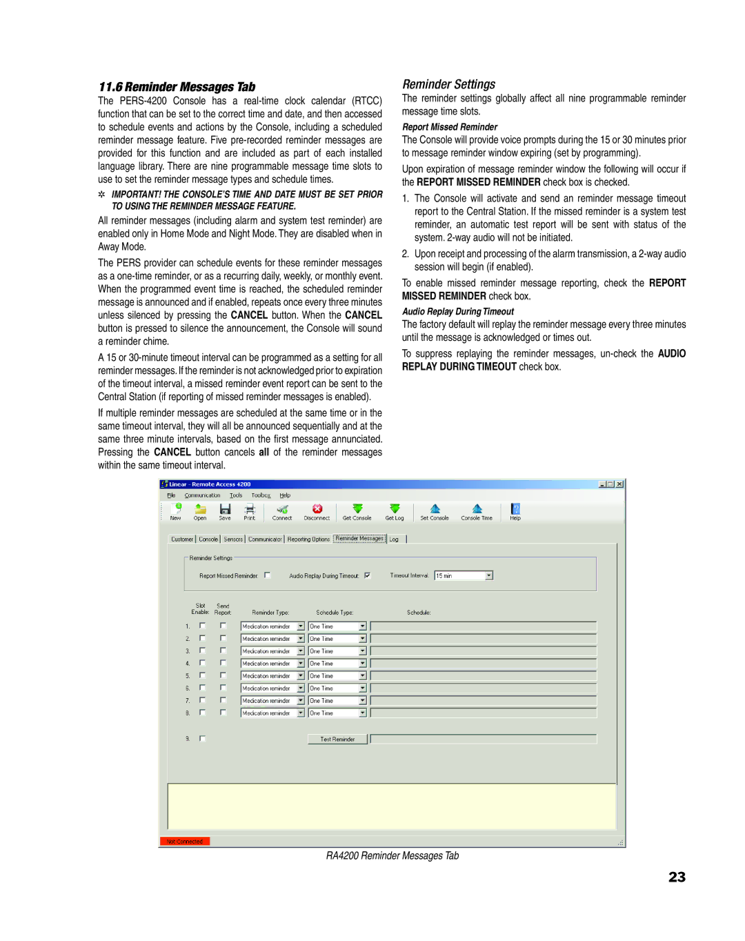 Linear PERS-4200 Series Reminder Messages Tab, Reminder Settings, Report Missed Reminder, Audio Replay During Timeout 