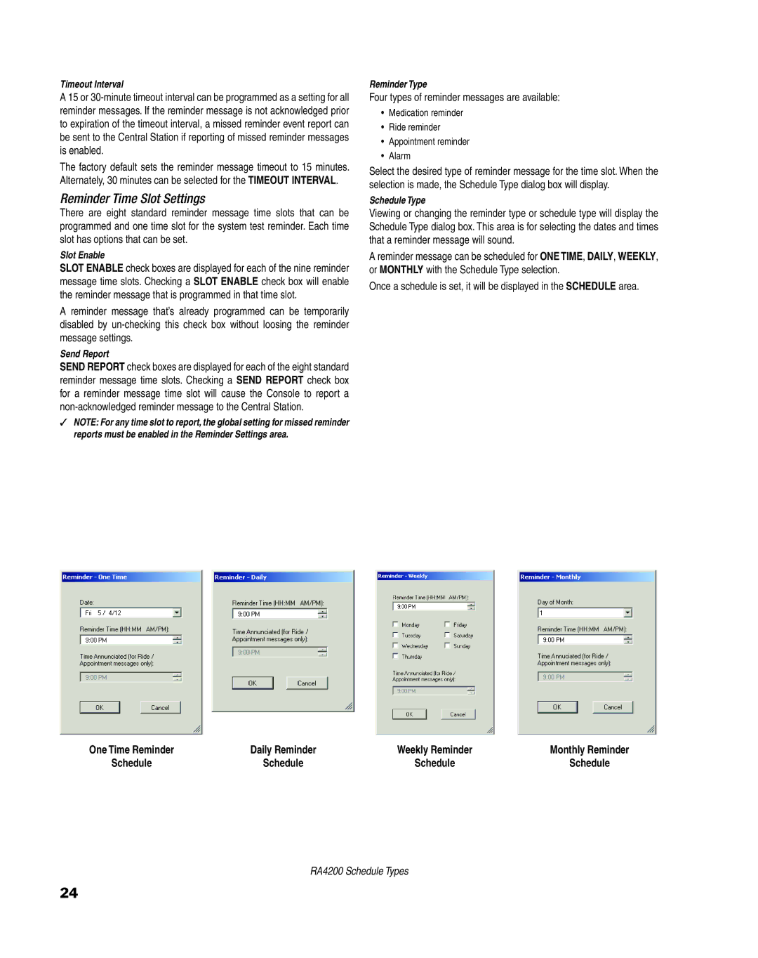 Linear PERS-4200 Series manual Reminder Time Slot Settings, Four types of reminder messages are available 