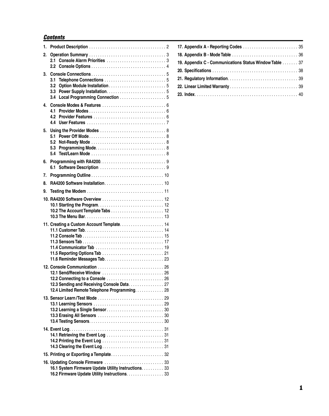 Linear PERS-4200 Series manual Contents 