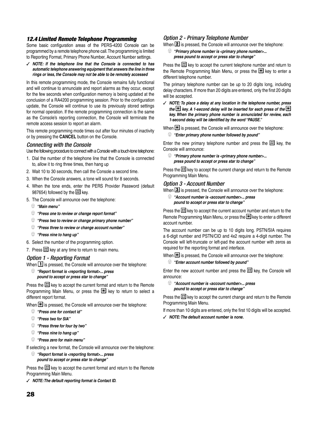 Linear PERS-4200 Series manual Limited Remote Telephone Programming, Connecting with the Console, Option 1 Reporting Format 