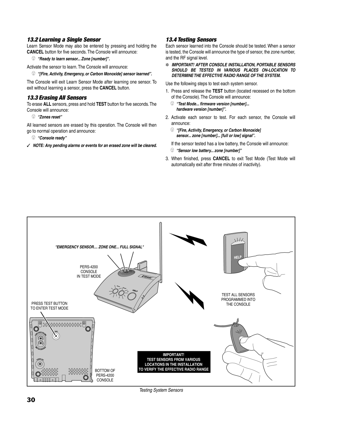 Linear PERS-4200 Series manual Learning a Single Sensor, Erasing All Sensors, Testing Sensors 