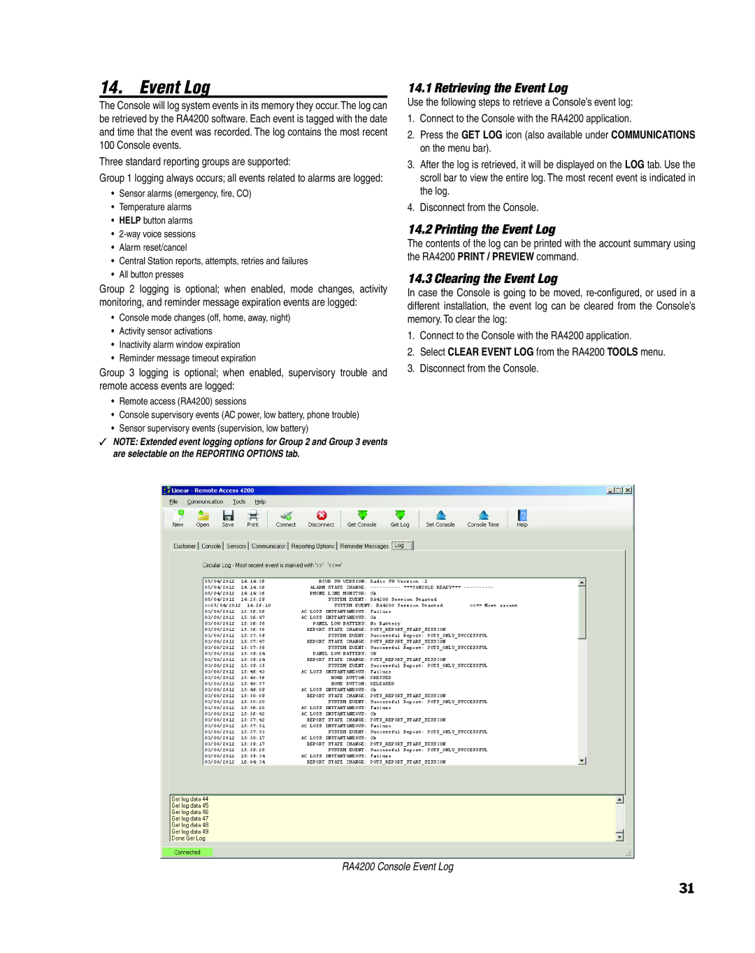 Linear PERS-4200 Series manual Retrieving the Event Log, Printing the Event Log, Clearing the Event Log 