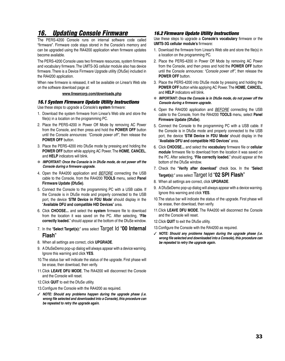 Linear PERS-4200 Series manual Updating Console Firmware, System Firmware Update Utility Instructions 