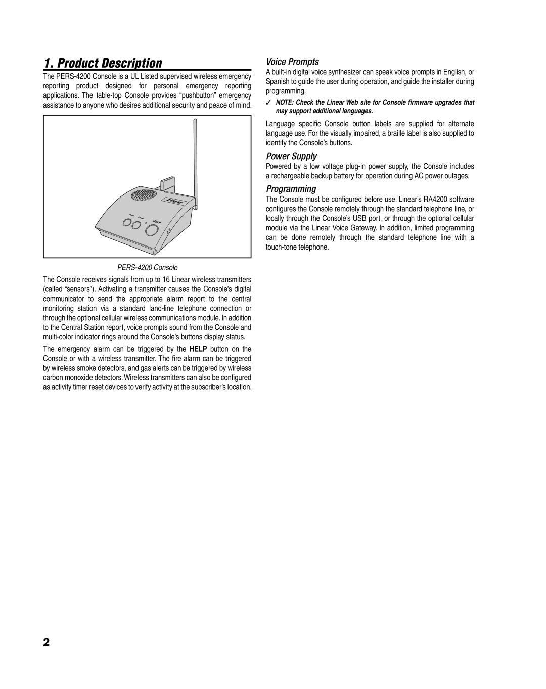 Linear PERS-4200 Series manual Product Description, Voice Prompts, Power Supply, Programming 