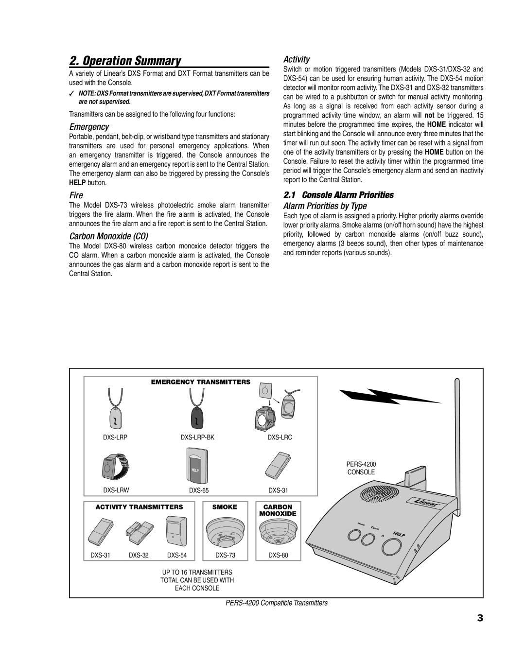 Linear PERS-4200 Series manual Operation Summary, Emergency, Activity, Fire, Carbon Monoxide CO 