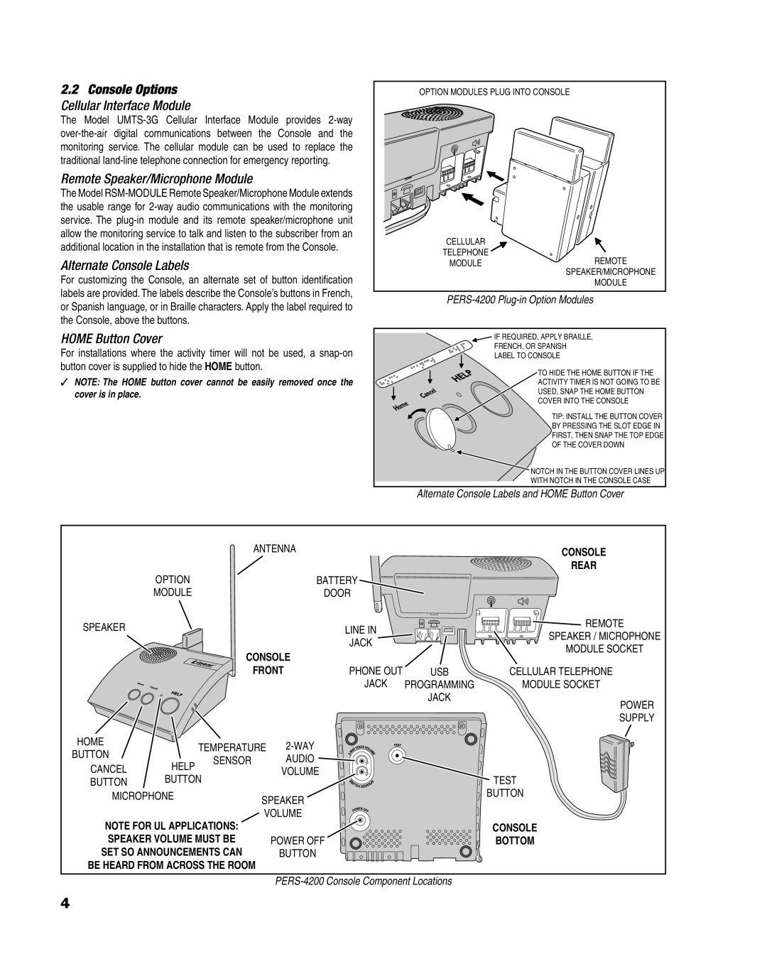 Linear PERS-4200 Series manual Remote Speaker/Microphone Module, Alternate Console Labels, Home Button Cover 