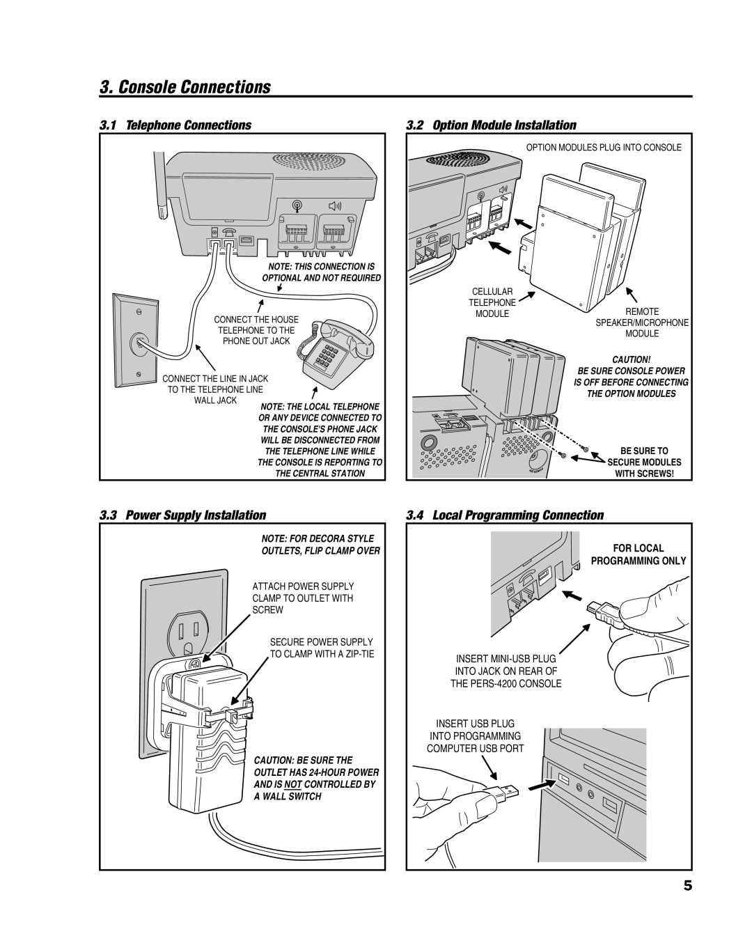 Linear PERS-4200 Series Console Connections, Telephone Connections, Option Module Installation, Power Supply Installation 