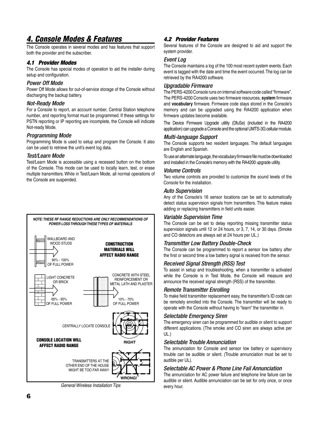 Linear PERS-4200 Series manual Console Modes & Features, Provider Modes, Provider Features 
