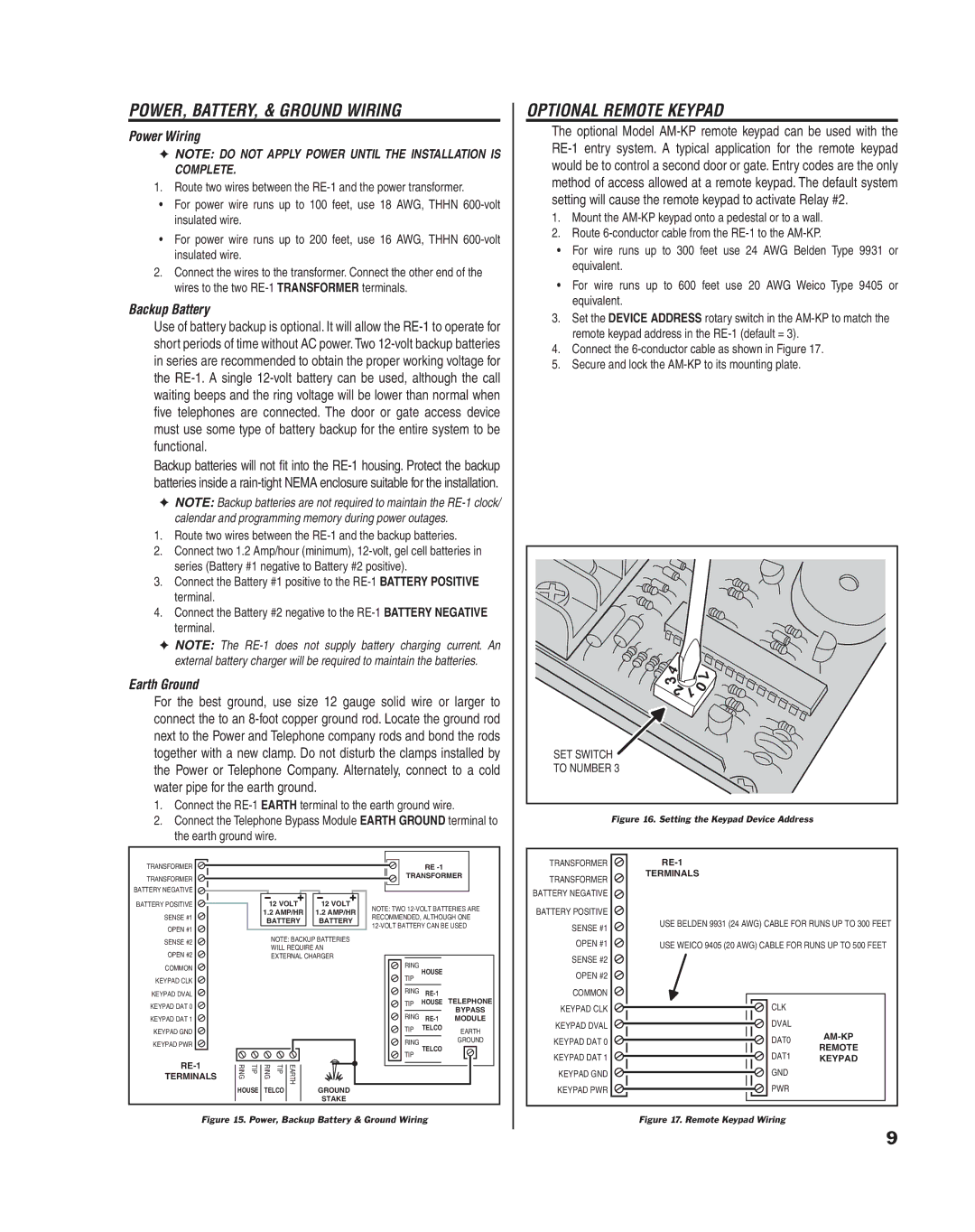 Linear RE-1 manual POWER, BATTERY, & Ground Wiring, Optional Remote Keypad, Power Wiring, Backup Battery 