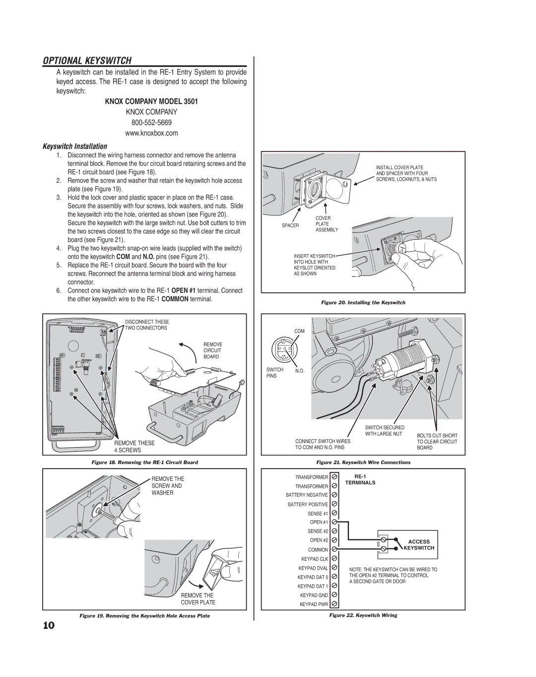 Linear RE-1 manual Optional Keyswitch, Keyswitch Installation 