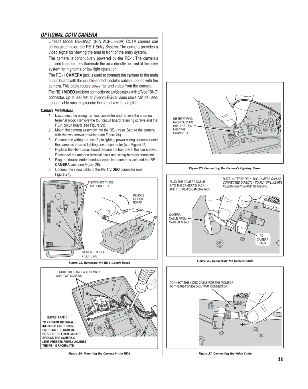 Linear RE-1 manual Optional Cctv Camera, Camera Installation 