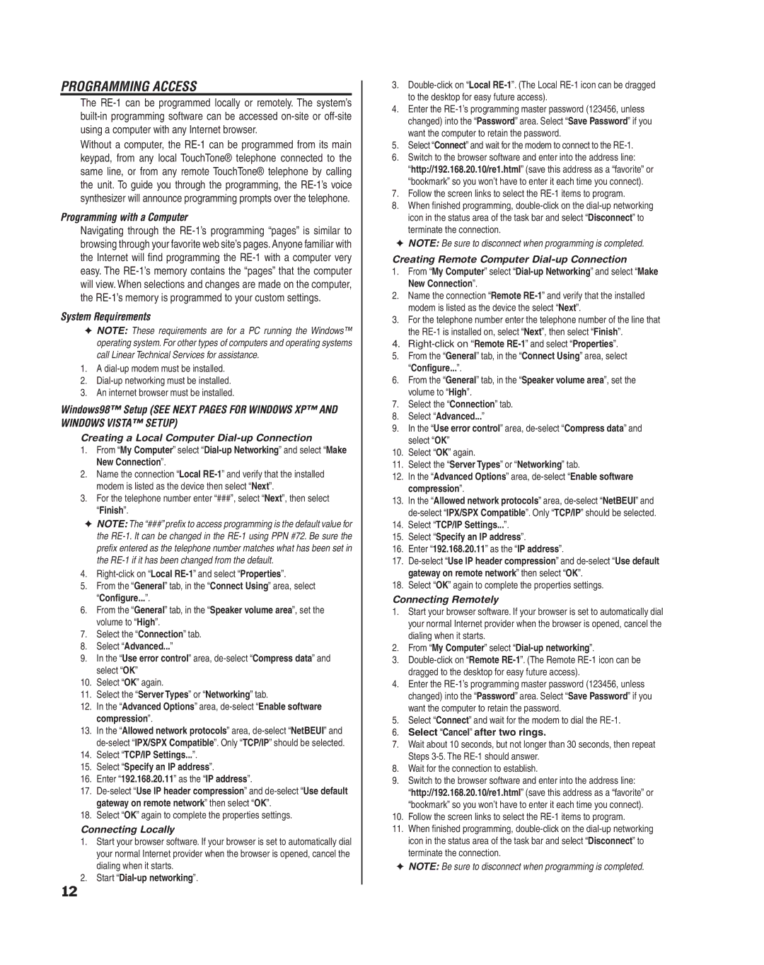 Linear RE-1 manual Programming Access, Programming with a Computer, System Requirements 