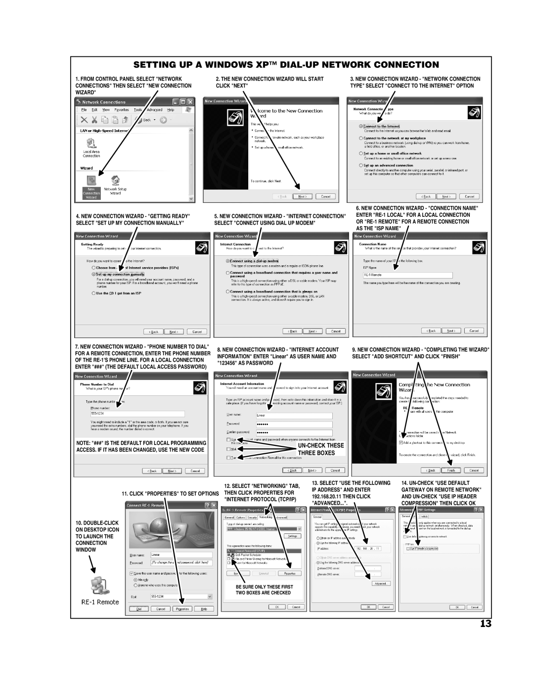 Linear RE-1 manual NEW Connection Wizard will Start Click Next, Select Networking TAB 