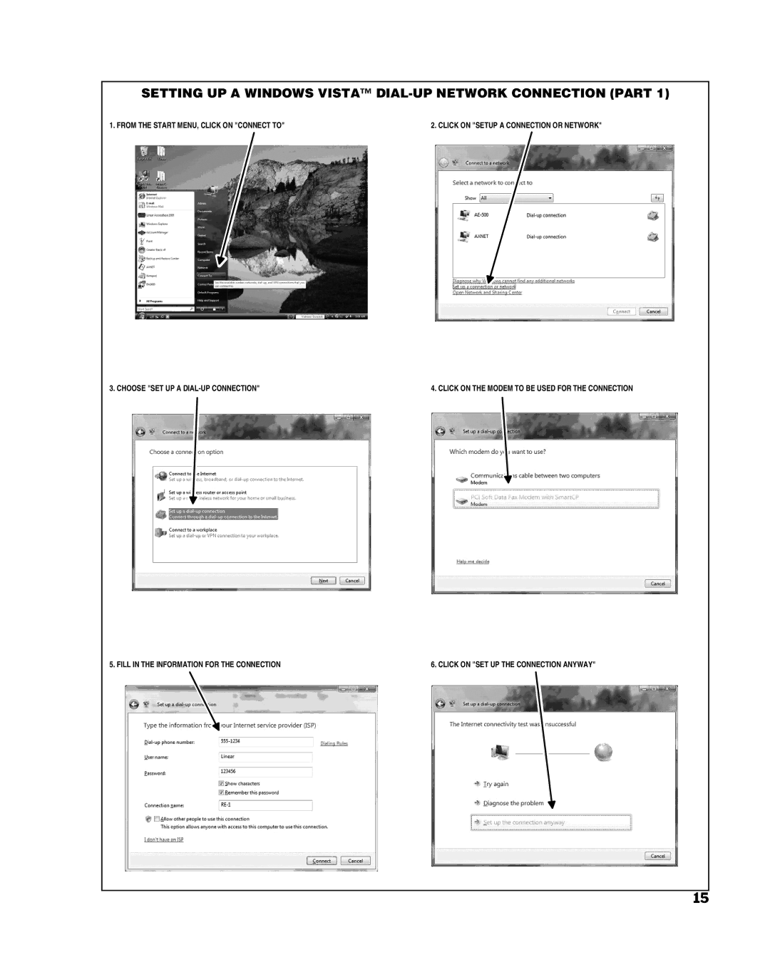 Linear RE-1 manual From the Start MENU, Click on Connect to, Choose SET UP a DIAL-UP Connection 