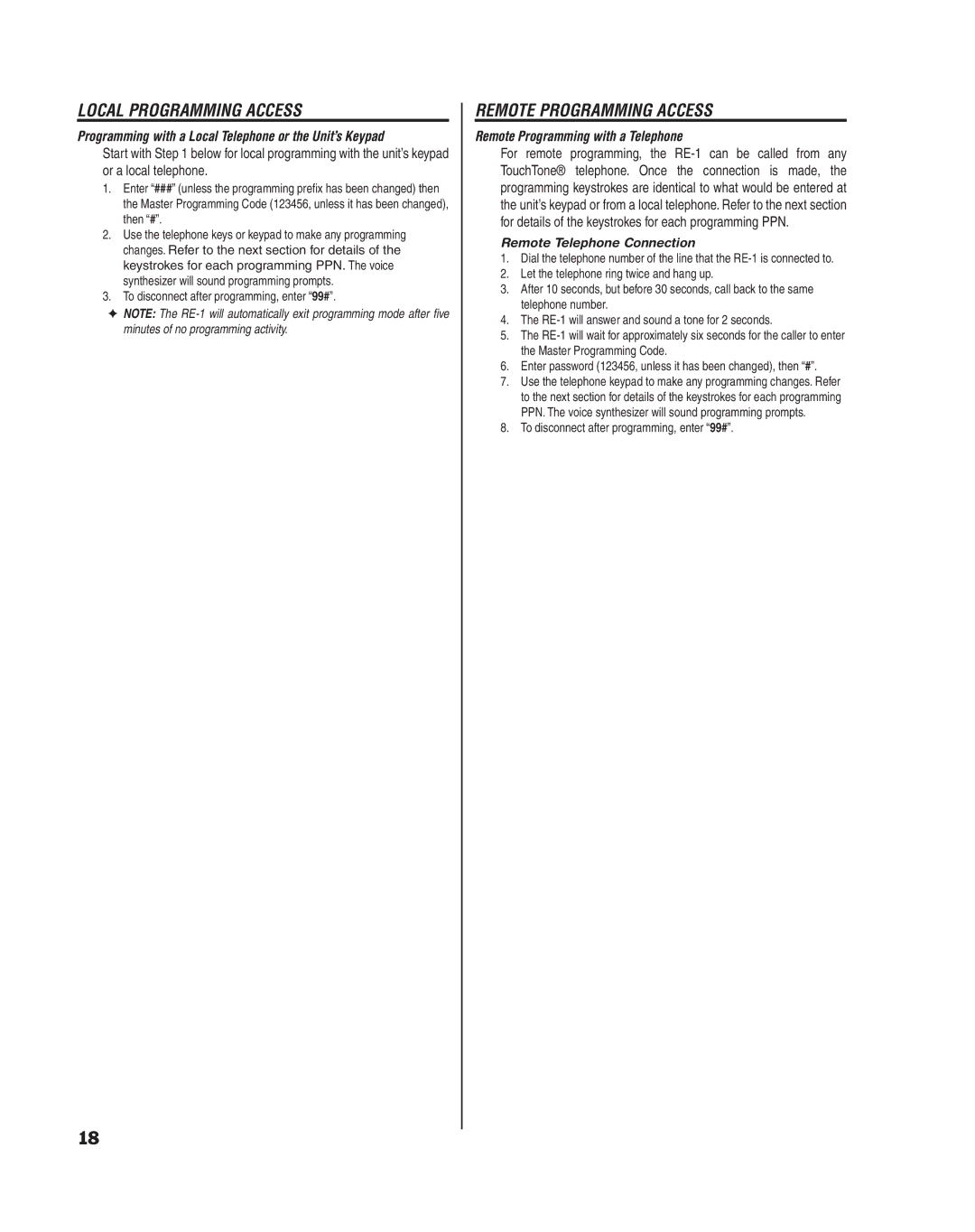 Linear RE-1 Local Programming Access, Remote Programming Access, Programming with a Local Telephone or the Unit’s Keypad 