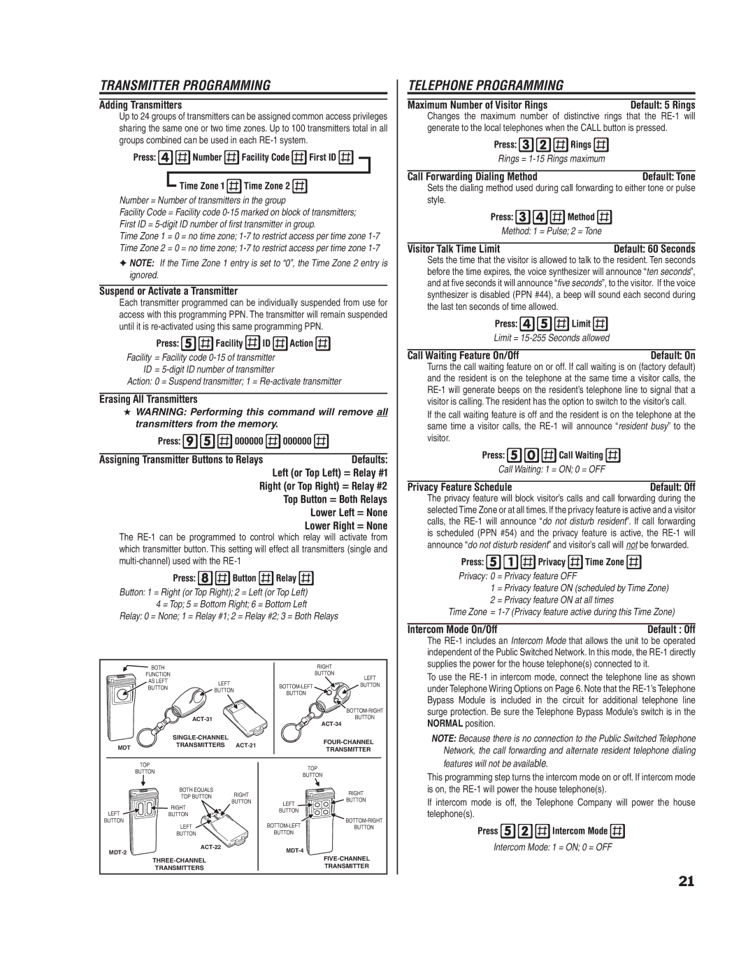 Linear RE-1 manual Transmitter Programming, Telephone Programming 