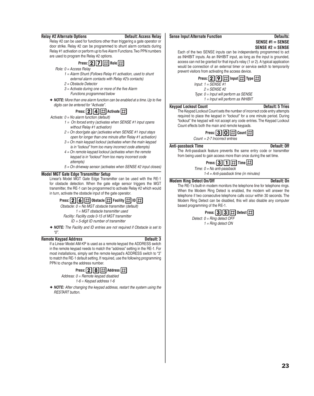 Linear RE-1 Relay #2 Alternate Options, Model MGT Gate Edge Transmitter Setup, Remote Keypad Address, Keypad Lockout Count 