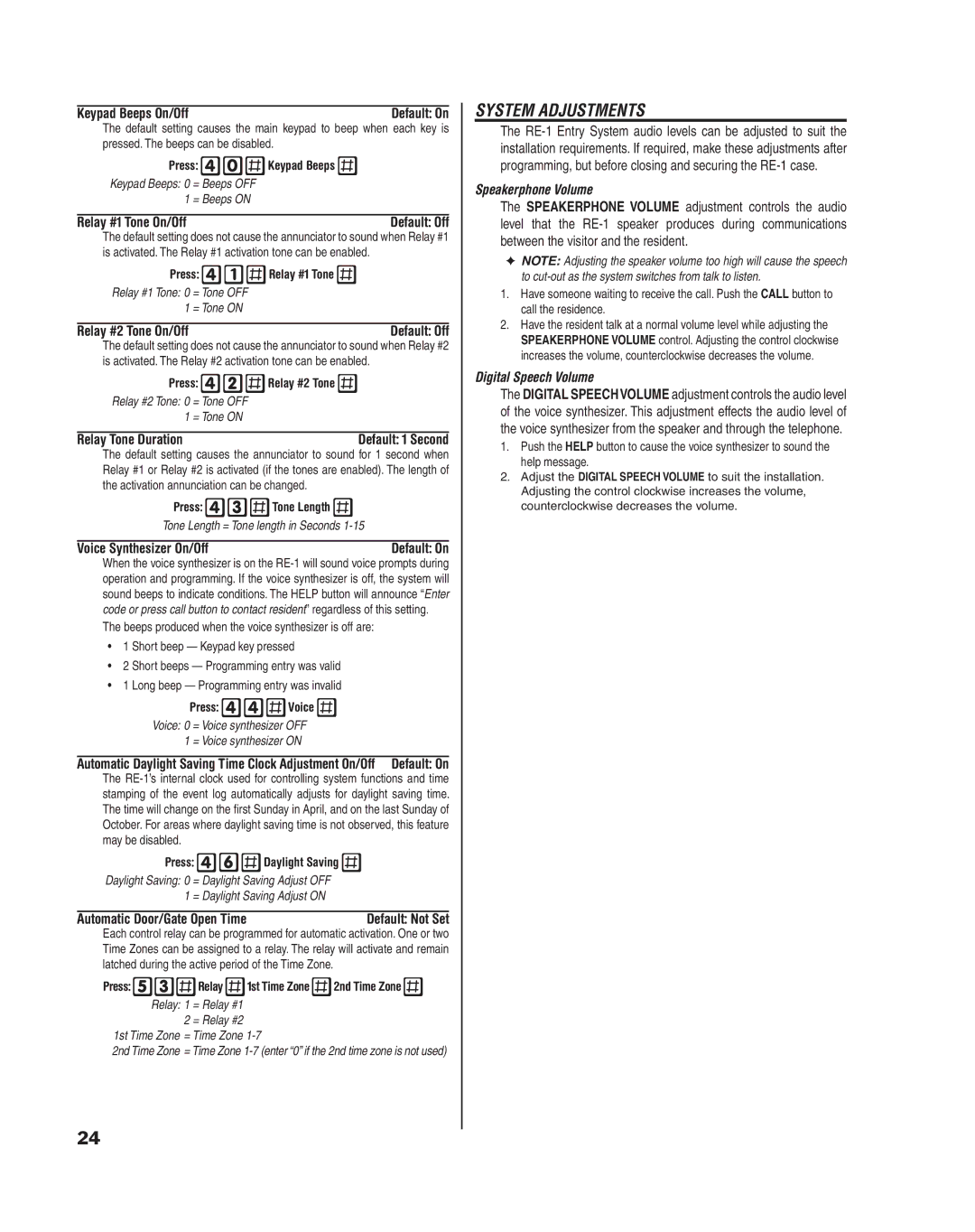 Linear RE-1 manual System Adjustments, Speakerphone Volume, Digital Speech Volume 