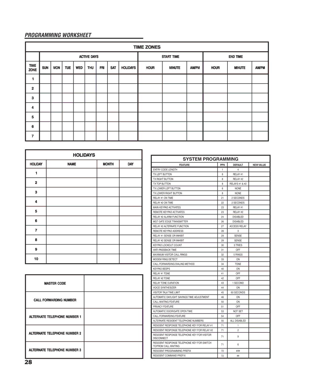 Linear RE-1 manual Programming Worksheet, Time Zones 