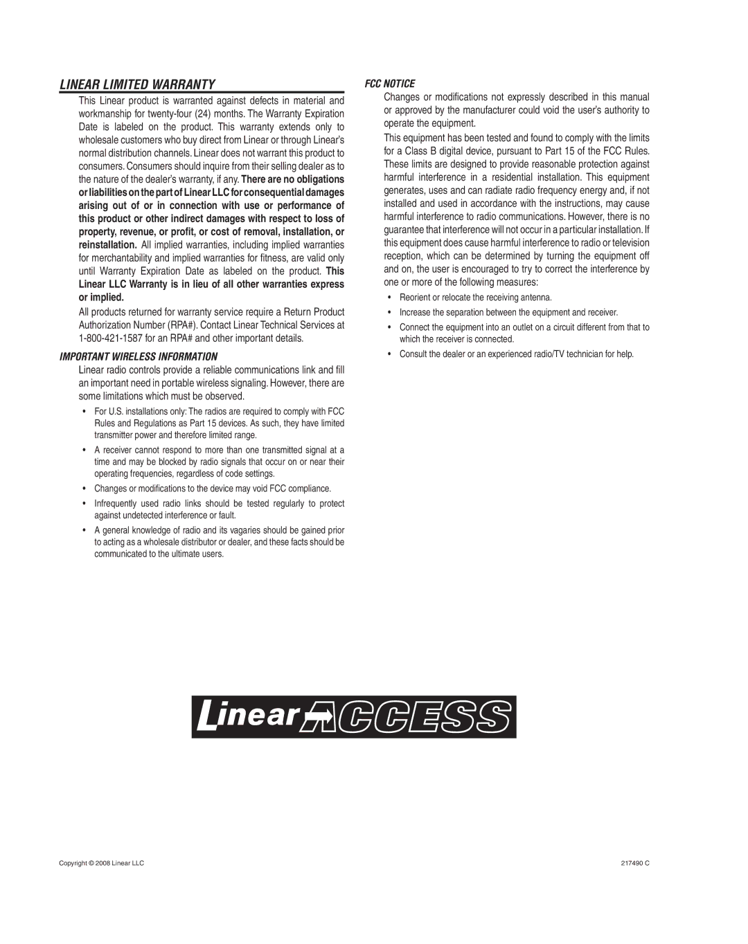 Linear RE-1 manual Linear Limited Warranty, Important Wireless Information 