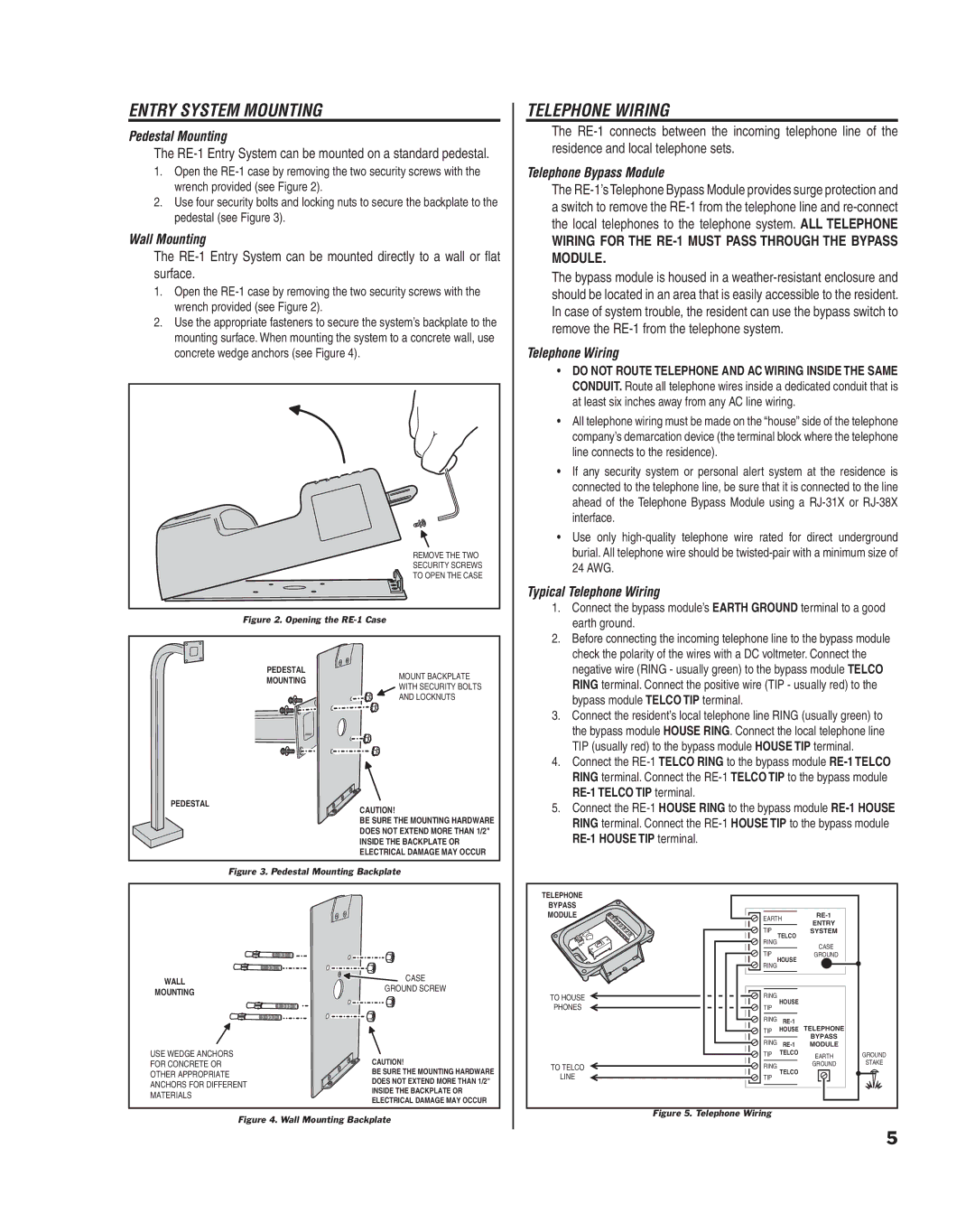 Linear RE-1 manual Entry System Mounting, Telephone Wiring 