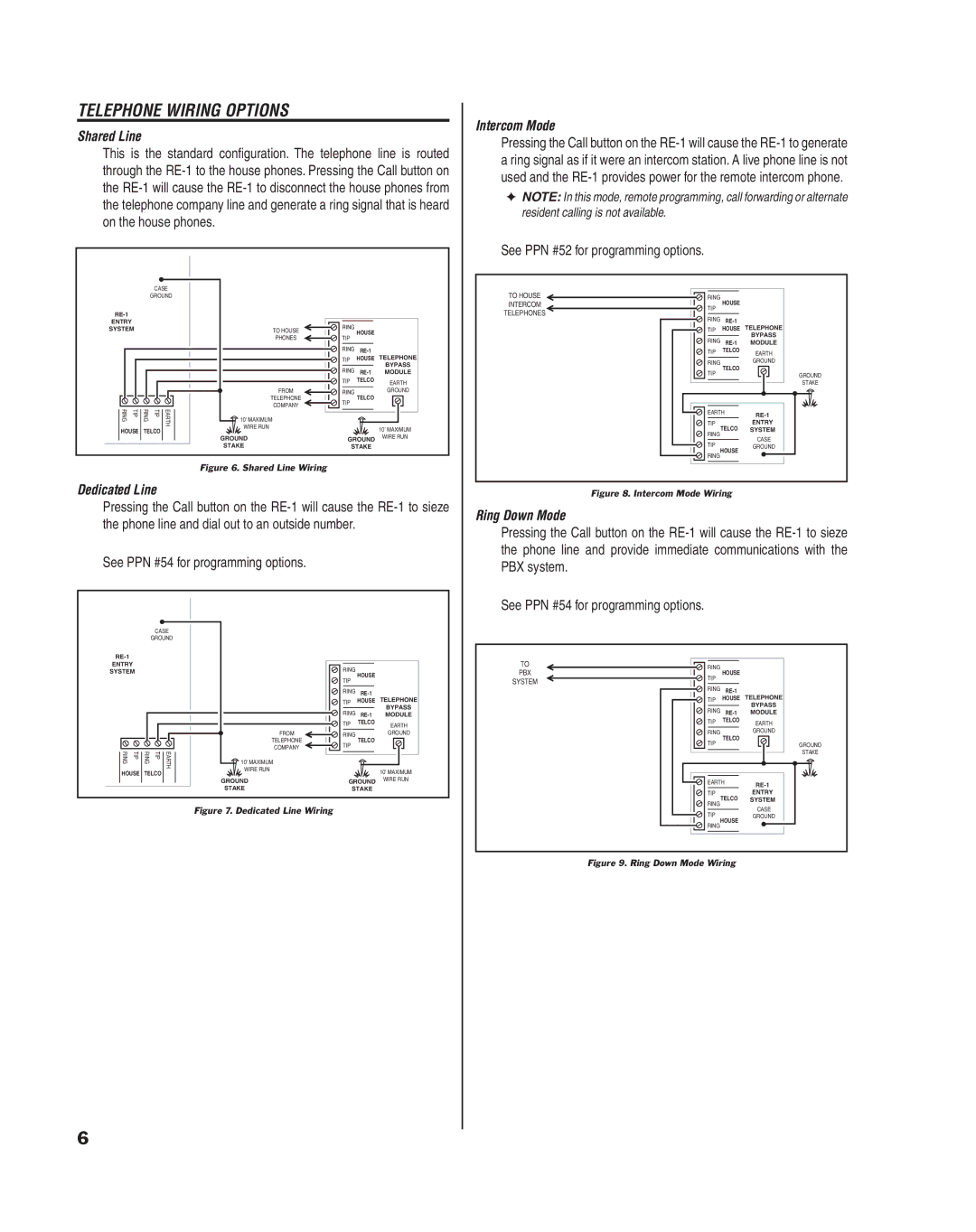 Linear RE-1 manual Telephone Wiring Options, Shared Line, Intercom Mode, Dedicated Line, Ring Down Mode 