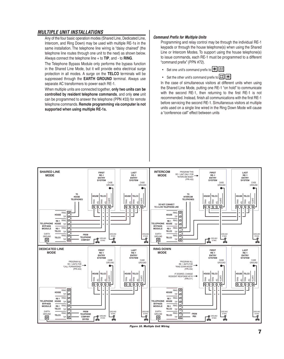 Linear RE-1 manual Multiple Unit Installations, Command Preﬁx for Multiple Units, Shared Line Mode 