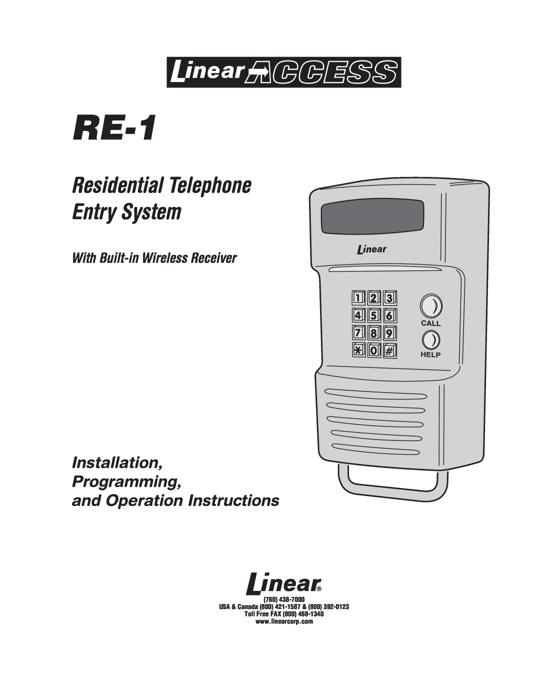 Linear RE-1 manual Residential Telephone Entry System, Installation Programming and Operation Instructions 
