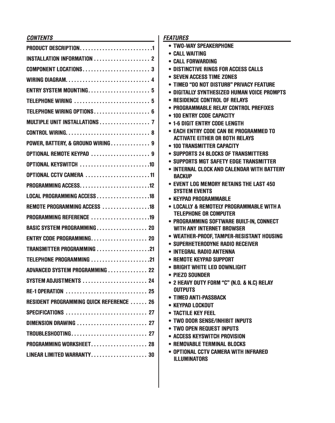 Linear RE-1 manual Contents, Features 