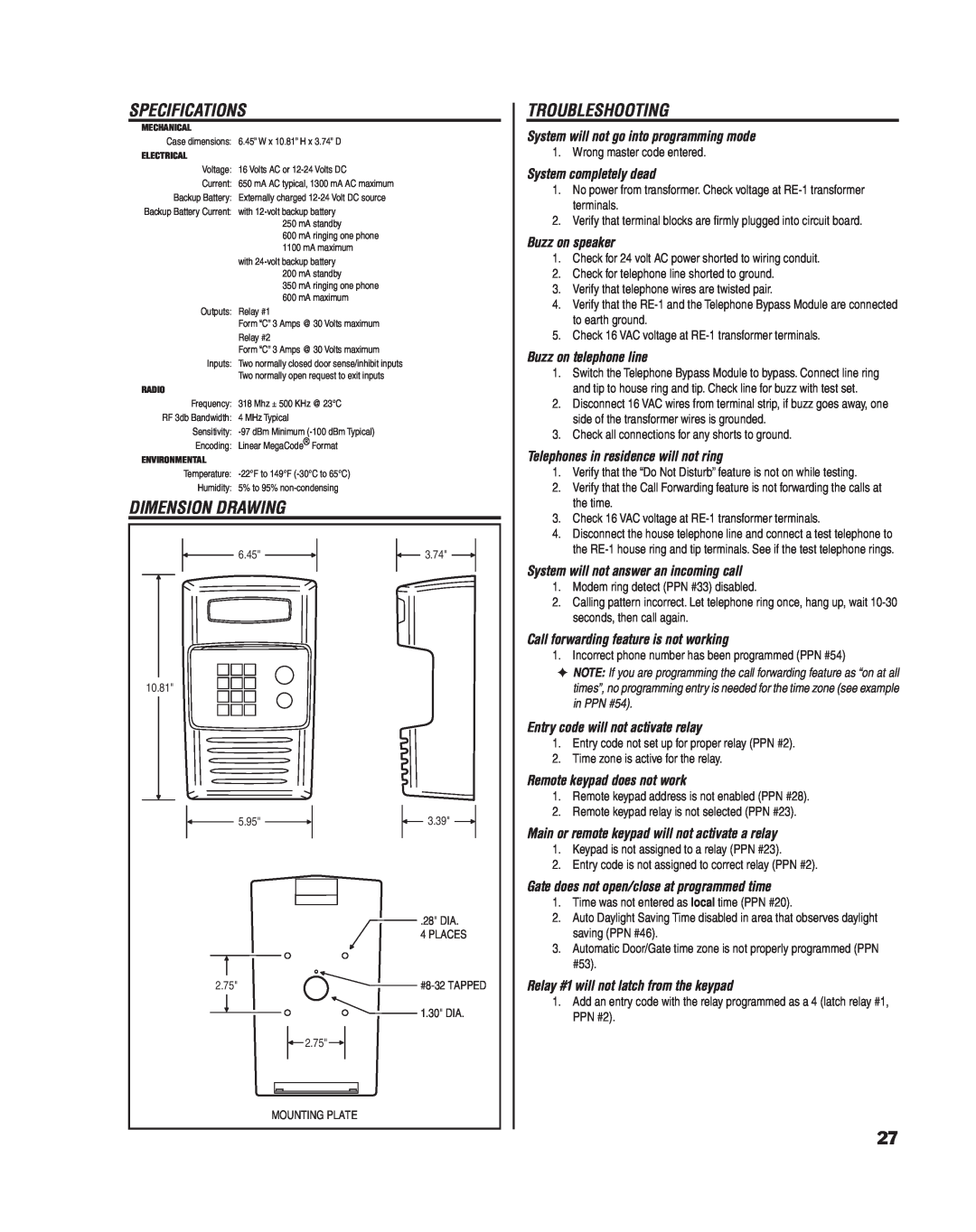 Linear RE-1 manual Specifications, Dimension Drawing, Troubleshooting 