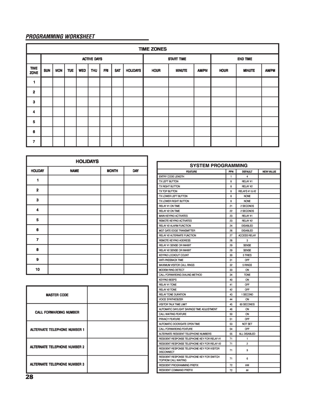 Linear RE-1 Programming Worksheet, Time Zones, Holidays, System Programming, Active Days, Start Time, End Time, Hour, Name 