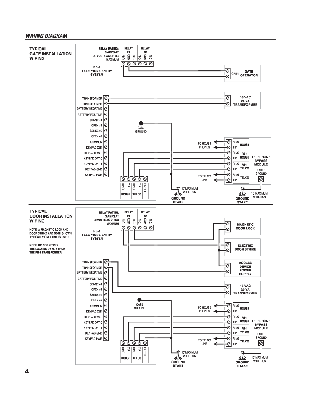 Linear RE-1 manual Wiring Diagram, Typical Gate Installation Wiring, Typical Door Installation Wiring 