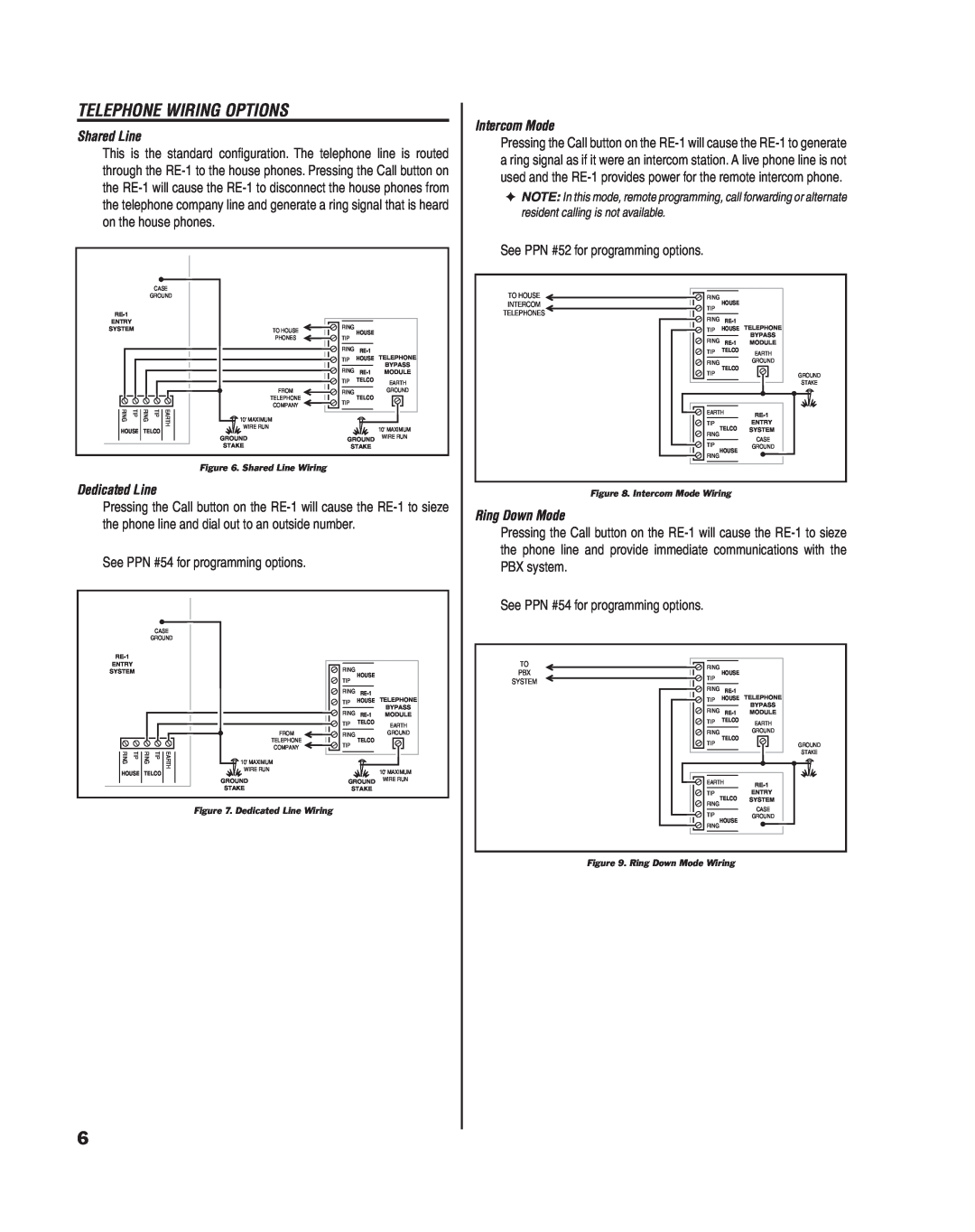 Linear RE-1 Telephone Wiring Options, Shared Line, Intercom Mode, See PPN #52 for programming options, Dedicated Line 